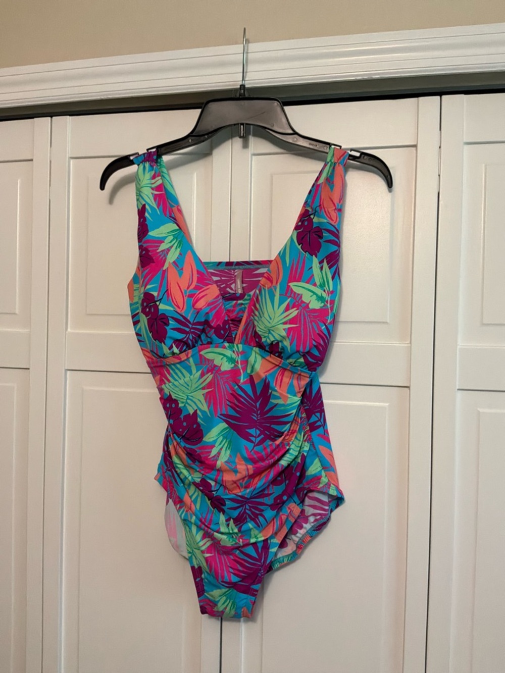 Lands' End Grecian One-Piece Swimsuit in Teal, Pink and Purple Leaf Print